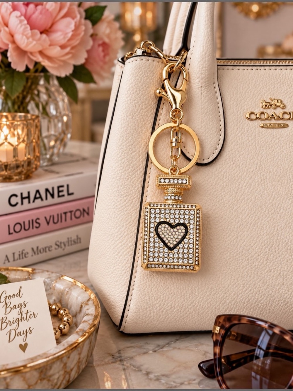 Gold Tone Rhinestone Perfume Bottle Black Heart Bag Charm/Keychain NIP 4”x 2.5”